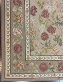 Aubusson Rug 9x12, Pink Beige Light Mauve, Handmade Allover Floral Roses, Wool Flatweave Carpet 9 x 12 ft, European French Design, Elegant