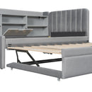 Twin Size Upholstered Daybed with Trundle, Storage Shelves, USB & Outlet (Gray)