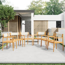 Creative Braided Acacia Wood Outdoor Dining Table and Chairs with Armrests, Teak Look & White Rope, Set of 2