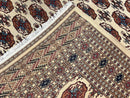 Pakistani Bokhara Rug 8x10, Traditional Turkoman Tribal Carpet, Allover Repeated Elephant Foot Motif, Ivory/Cream Black Red, Vintage Handmade