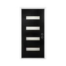 Modern black door with white frame and geometric design on a white background