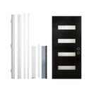 Black door with modern design elements on a white background