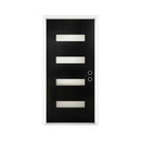 Modern black door with white rectangular panels on a white background