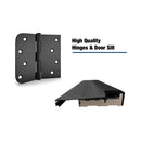 Black hinge and door sill on a white background with text 'High Quality Hinges & Door Sill'.