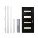 Modern black door with horizontal light panels and vertical supports on a white background