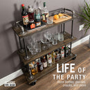 Three-tier Wood Shelf Industrial Bar Cart with Locking Wheels, Trail Brown