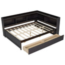 Full Size L-shaped Bookcases Bed with Power Outlets, USB Charging Ports,Two Drawers,Espresso