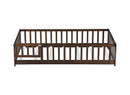 Twin Size Floor Bed with Fence and Door,Rubber Wood Floor Bed with Safety Guardrails,Espresso