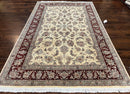 Pak Persian Rug 6x9, Floral Allover Carpet 6 x 9 ft, Cream and Maroon Hand Knotted Wool and Silk Fine Oriental Rug, Traditional Vintage Rug