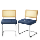 Natural Rattan Dining Chairs Set of 2, Modern Dining Room Chairs with Solid Wood Back for Kitchen Living Room, Mid Century Breuer Design Inspired, Upholstered Faux Leather (Blue)