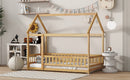 Twin Size House Floor Wooden Bed with Roof Frame,Safety Guardrails,Natural