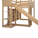 Walker Edison - Twin Size Wood House Loft bed with Slide, Storage shelves and Light, Climbing Ramp, Wood Color