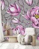 Grey Wallpaper with Pink Flowers