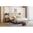 Queen Size Solid Wood Bed Frame with 2 Nightstands, Elegant Design with Lamps, Rattan and Wood Combination,Gray