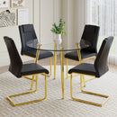 A modern minimalist style round transparent tempered glass table with gold metal legs, paired with 4 modern PU leather high-back dining chairs, bring a luxurious experience.