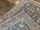 Persian Kashan Rug 4x7, Floral Medallion Vintage Handmade Hand Knotted Navy Blue & Red Wool Oriental Carpet, Highly Detailed Semi Antique Rug