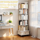6 Tier Rotating Bookshelf with Wheels and Drawer, 360° Spinning Design, Space Saving Storage, for Home and Office, White MDF