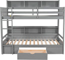 Grey Wood Twin Over Twin Bunk Bed With Storage Shelves And Drawer