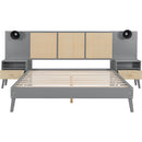 Queen Size Solid Wood Bed Frame with 2 Nightstands, Elegant Design with Lamps, Rattan and Wood Combination,Gray
