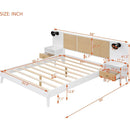Queen Size Solid Wood Bed Frame with 2 Nightstands, Elegant Design with Lamps, Rattan and Wood Combination,White