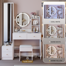 Full Body Mirror Cabinet + Round Mirror LED Vanity Table + Cushioned Stool, With 2 AC + 2 USB Power Station,17' diameter LED Mirror, Touch Control, 3-color, Brightness adjustable, Large Desktop