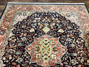 Indo Persian Rug 8x10, Midnight Blue & Red, Handmade Vintage Wool Carpet, Floral Medallion
