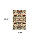 5' X 7' Ivory And Red Floral Vines Area Rug