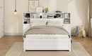 White Wooden Storage Bed with Tall Extended Bookcase Headboard, 6 Drawers and Charging Station for Teens Adults, No Box Spring Needed,Full