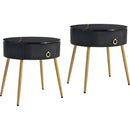 19.6" Easy Assembly End Tables with High Gloss Faux Marble Tabletops, Set of 2, Modern Fluted 2 Side Tables with Drawers, Round Coffee Tables with Golden Legs for Living Room, Black
