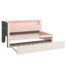 Upholstered Twin Size Platform Bed with USB Ports and LED Belt, With Trundle, White
