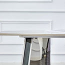 Table and chair set.63'x31.5x30' Luxurious Pandora patterned Sintered Stone Tabletop with Silver Stainless Steel Butterfly Legs.Paried With 6 Dark Gray High-quality PU Chairs With Arched Metal Legs.