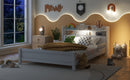 Full Pine Wood Bed with Bookcase Headboard ,LED Motion Sensor Light, Bed Guardrails,White