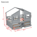 Full Size House Loft Bed with Roof, Windows,4 Storage Drawers,Pine Wooden Bed with Safety Guardrails,Ladder,Grey