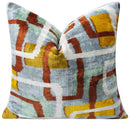 Handmade Silk Velvet Throw Pillow - 20x20, Modern Geometric Design in Burnt Orange, Yellow, and Mint Green with Down Feather Insert