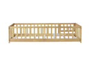 Twin Size Floor Bed with Fence and Door,Rubber Wood Floor Bed with Safety Guardrails,Natural