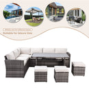 Walker Edison - Outdoor Patio Furniture Set,7 Pieces Outdoor Sectional Conversation Sofa with Dining Table,Chairs and Ottomans,All Weather PE Rattan and Steel Frame,With Backrest and Removable Cushions(Grey+Beige)