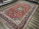 Persian Kashan Rug 9x12, Red Navy Blue, Allover Floral Medallion & Corner Design, Handmade Wool Oriental Carpet, Semi Antique Traditional Carpet