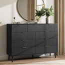Fluted Nine Drawer Dresser 55 Inch Matte Black With Gold Handles