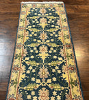 Indian Runner Rug 2.6 x 12, Navy Blue Beige Oriental Runner Rug 12ft Long, Narrow Hallway Runner, Wool Hand Knotted Indo Persian Mahal Rug