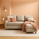 Compact Beige Linen Sectional Sofa With Chaise And Reversible Ottoman