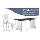 Table and chair set.63'x31.5x30' Black Marble-Patterned Slabs Tabletop with Stainless Steel Butterfly Legs.Paired with 4 white PU dining chairs with a vertical stripe design on the backrest.