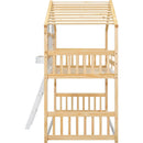 Twin over Twin House Bunk Bed with Roof, Window, Window Box, Door, with Safety Guardrails and Ladder, Natural/White