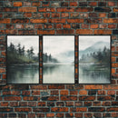 3 Piece Triptych Canvas Print Set, Oil Painting Landscape Painting, Tropical River Scene, Minimalist Boho Decor