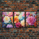 Beautiful Rose Art, Framed Canvas Print, Floral Art, Botanical  Decor, Blue and Yellow Roses, 3 Piece Art Set