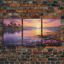 Beautiful 3 Piece Wall Art, Framed Canvas Print, 3 Piece Set, Lake House Decor, Sunset Over The Purple Marsh, Above Sofa Art