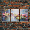 Water Lily Art, Lotus Wall Print, Lake Wall Art, Canvas Print, Wall Art, 3 Piece Wall Art, Botanical Art Print, Boho Wall Art, Kitchen Art