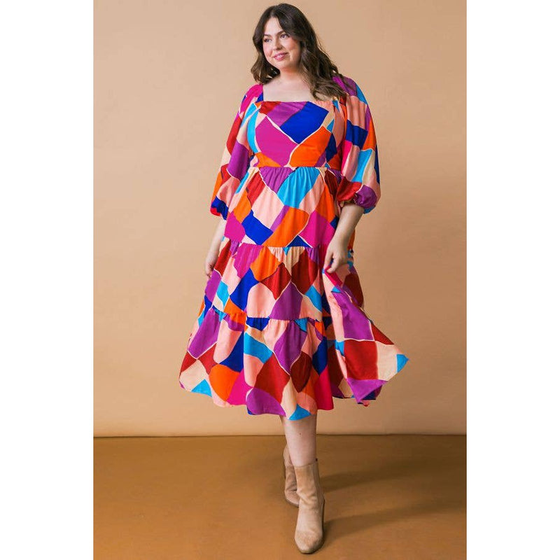 3xl midi dress 3XL] Plus Size Magenta Blue Printed Woven Midi Dress