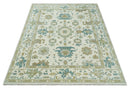 Hand Knotted Ivory, Beige and Teal Antique look Traditional Oushak Multi Size Wool Area Rug