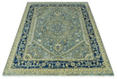 Antique look Gray, Olive and Blue 8x10 Traditional Heriz Hand Knotted wool Rug