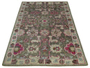 Antique Moss Green 5x8 Hand Knotted Beige and Pink Bamboo Silk Area Rug